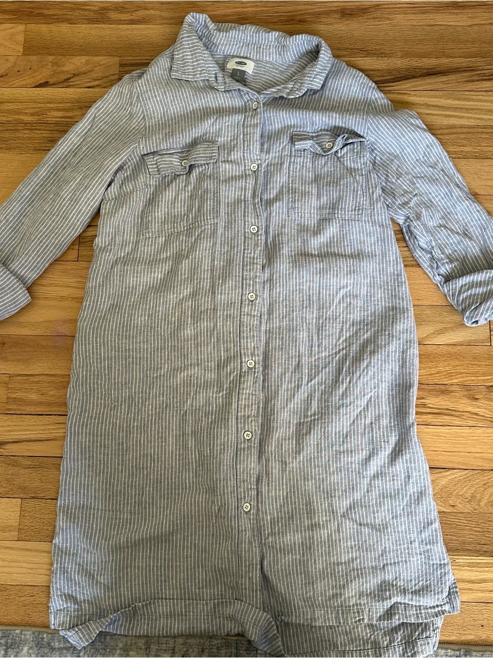 Striped Button-Front Shirt Dress in Light Blue & White, Size L